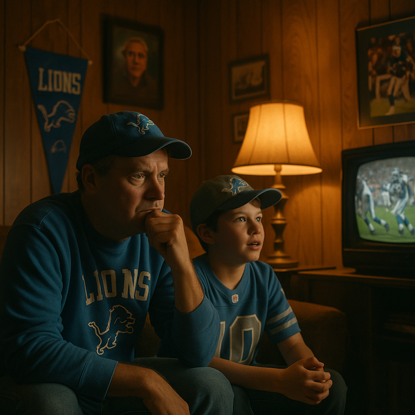 Three generations of Lions heartbreak — and hope — unfolding in Grandpa’s den. This was the first image I ever made with DALL·E 3, and while it’s far from a perfect memory, it still hits.
